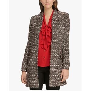 Calvin Klein Tweed Open Front Jacket Long Black Red Metallic Womens 6 Holiday